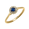 Yellow Gold Dainty Halo Diamond and Sapphire Solitaire Rope Design Promise Ring