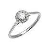 White Gold Dainty Halo Diamond and White Topaz Solitaire Rope Design Promise Ring