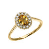 Yellow Gold Dainty Halo Diamond and Oval Citrine Solitaire Rope Design Engagement/Promise Ring