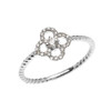 White Gold Dainty Four Leaf Clover Good Luck Diamond Solitaire Rope Design Ring