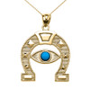 Yellow Gold Evil Eye Protection Horse Shoe Good luck Pedant Necklace