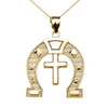 Yellow Gold Religious Cross Horse Shoe Good luck Pedant Necklace