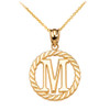 Yellow Gold "M" Initial in Rope Circle Pendant Necklace