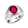 Men's White Gold Engraved Design Red CZ Solitaire Ring