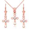 14k Two Tone Rose and White Gold Heart Cross Necklace and Earring Set