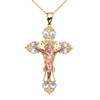 Tri-Color Yellow Gold INRI Crucifix Pendant Necklace (Large)