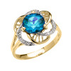 Yellow Gold CZ Blue Topaz Solitaire Modern Flower Ladies Ring