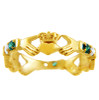 Gold Claddagh Ring with Green and Clear Cubic Zirconias.  Available in 14k or 10k gold.