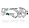 Solid White Gold Claddagh Ring with Green and Clear Cubic Zirconias