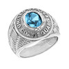 Solid White Gold United States Coast Guard Men's CZ Birthstone Ring