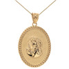 Solid Yellow Gold Jesus Christ the Lord Cuban Curb Link Frame Oval Medallion Pendant Necklace 1.27" ( 32 mm)