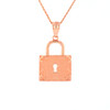 Solid Rose Gold Swirl Rectangle Keyhole Padlock Pendant Necklace