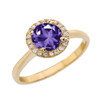 Yellow Gold Diamond Round Halo Engagement/Proposal Ring With Amethyst Center Stone