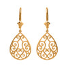 14K Solid Yellow Gold Filigree Swirl Heart Teardrop Drop Earring Set