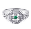 White Gold Celtic Cross CZ Ring Mens with Emerald