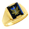 Solid Yellow Gold Blue CZ Stone Marijuana Signet Men's Ring
