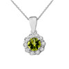 14k White Gold Dainty Floral Diamond Center Stone Peridot Pendant Necklace