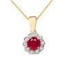 14k Yellow Gold Dainty Floral Diamond Center Stone  Ruby Pendant Necklace