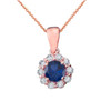14k Rose Gold Dainty Floral Diamond Center Stone Sapphire Pendant Necklace