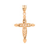 Solid Yellow Gold Love Heart Woven Filigree Cross Pendant Necklace