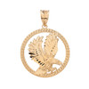 Solid Yellow  Gold Rope Frame Diamond Cut American Eagle Circle Pendant Necklace