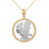 Solid Two Tone Yellow Gold Rope Frame Diamond Cut American Eagle Circle Pendant Necklace