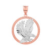 Solid Two Tone Rose Gold Rope Frame Diamond Cut American Eagle Circle Pendant Necklace