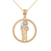 Solid Two Tone Yellow Gold Rope Frame Diamond Cut Saint Jude Circle Pendant Necklace