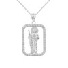 Solid White Gold Rope Frame Diamond Cut Saint Jude Rectangle Pendant Necklace