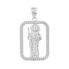 Solid White Gold Rope Frame Diamond Cut Saint Jude Rectangle Pendant Necklace