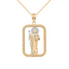 Solid Two Tone Yellow Gold Rope Frame Diamond Cut Saint Jude Rectangle Pendant Necklace