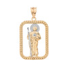 Solid Two Tone Yellow Gold Rope Frame Diamond Cut Saint Jude Rectangle Pendant Necklace