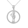 Solid White Gold Rope Frame Diamond Cut Santa Muerte Circle Pendant Necklace