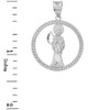 Solid White Gold Rope Frame Diamond Cut Santa Muerte Circle Pendant Necklace