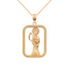 Solid Yellow Gold Rope Frame Diamond Cut Santa Muerte Rectangle Pendant Necklace