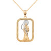 Solid Two Tone Yellow Gold Rope Frame Diamond Cut Santa Muerte Rectangle Pendant Necklace