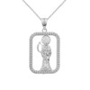 Sterling Silver Rope Frame Diamond Cut Santa Muerte Rectangle Pendant Necklace