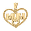 Solid Yellow Gold Dotted Texture Double Hearts Mum Pendant Necklace