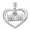 Solid White Gold Heart Outline Rhodium Heart Diamond Mum Pendant Necklace