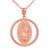 Solid Rose Gold Cuban Link Circle Frame Diamond Cut Lady of Guadalupe Pendant Necklace