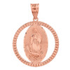 Solid Rose Gold Cuban Link Circle Frame Diamond Cut Lady of Guadalupe Pendant Necklace