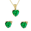10K Yellow Gold Heart May Birthstone Emerald  (LCE) Pendant Necklace & Earring Set