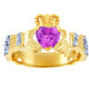 Gold Diamond Claddagh Ring with 0.40 Carats of Diamonds and a Pink Tourmaline Birthstone.  Available in 14k and 10k Gold.