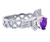 White Gold Diamond Claddagh Ring 0.40 Carats with Amethyst Stone