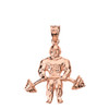 Solid Rose Gold Weightlifting Fitness Sport Bodybuilder and Barbell Pendant Necklace