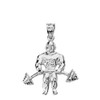 Solid White Gold Weightlifting Fitness Sport Bodybuilder and Barbell Pendant Necklace