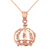Solid Rose Gold Diamond Cut Christian Royal Crown Pendant Necklace
