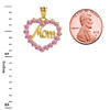Yellow Gold "Mom" Pink (LCP) in Open Heart Pendant Necklace