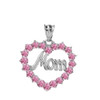 Sterling Silver "Mom" Pink (LCP) in Open Heart Pendant Necklace
