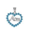 White Gold "Mom" Blue Topaz  (LCBT) in Open Heart Pendant Necklace